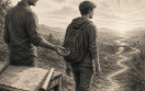 Parent handing a compass to a teenager stepping toward an uncertain path, symbolizing preparation for adulthood.