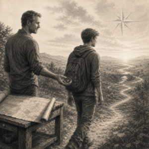 Parent handing a compass to a teenager stepping toward an uncertain path, symbolizing preparation for adulthood.