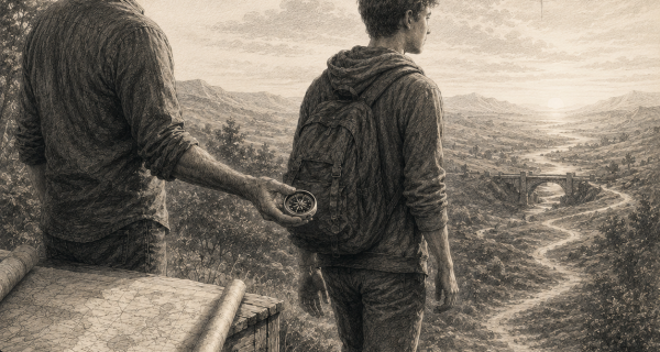 Parent handing a compass to a teenager stepping toward an uncertain path, symbolizing preparation for adulthood.