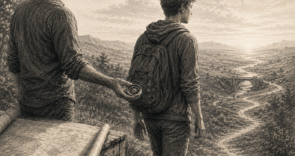 Parent handing a compass to a teenager stepping toward an uncertain path, symbolizing preparation for adulthood.